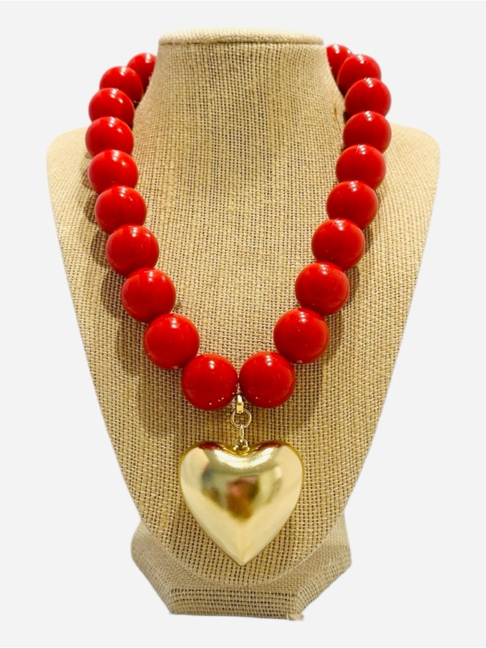 Yochi Bold Red Antique Beaded Necklace with Gold Heart Pendant